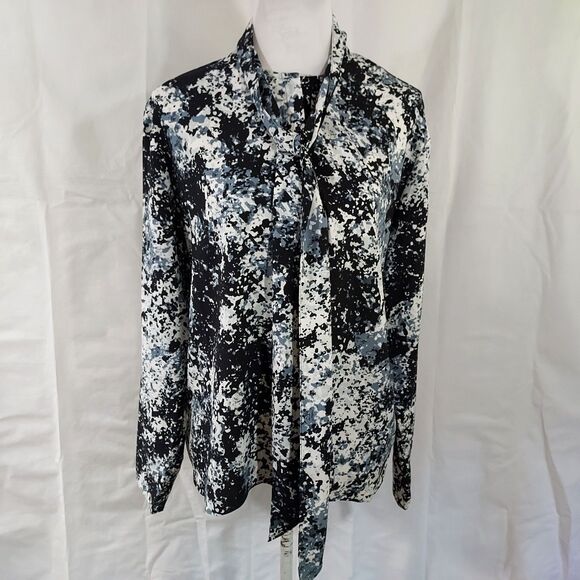 Nordstrom Shirt Top Women Size Medium Button Up Tie Neck Black Gray White Blouse - Picture 2 of 12